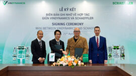 (from left) Mr. Nguyen Quang Vinh, Chief Technology Officer (VinDynamics), Mr. Le Minh, Director of Hardware (VinDynamics), Prof. Han Boon Siew, Head of Humanoid Asia/Pacific (Schaeffler), and Mr. Maximilian Fiedler, Regional CEO Asia/Pacific (Schaeffler) at the MOU signing ceremony.